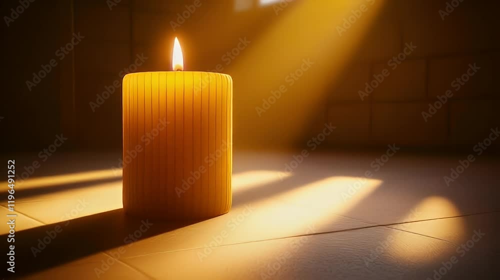 Lit candle on tiled floor, sunbeam, serenity Lit candle on tiled floor, sunbeam, serenity