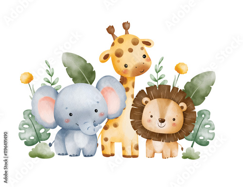 Watercolor Illustration Safari Animals and Tropical Leaves
