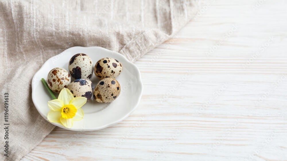Speckled easter eggs arrangement with daffodil on plate Speckled easter eggs arrangement with daffodil on plate
