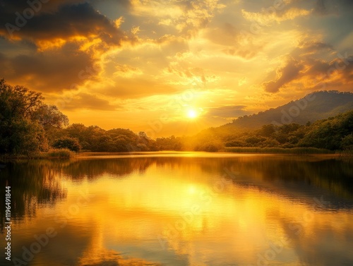 Wallpaper Mural Sunset reflection over serene lake nature photography tranquil landscape golden hour peaceful scenery for relaxation Torontodigital.ca