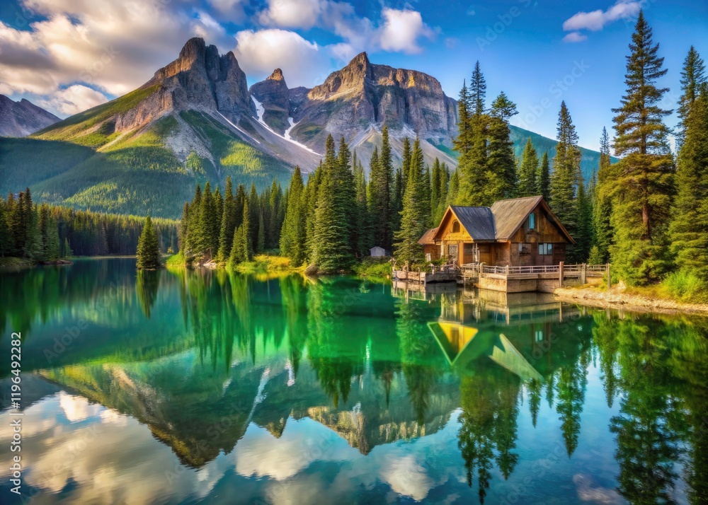 Fototapeta premium Surreal Emerald Lake Cabins: Yoho National Park Summer Scenery, Bear Country, British Columbia Landscape
