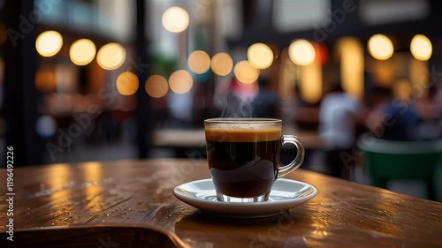 Coffee Coffee cup on a table with a blurred window and warm ambient lights behind. 