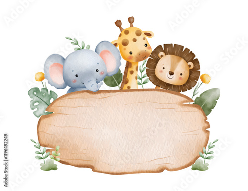 Watercolor Illustration Safari Animals and Wooden Board