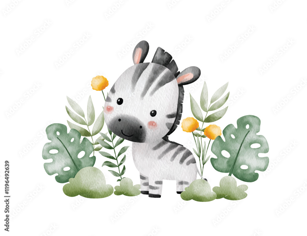 Naklejka premium Watercolor Illustration Zebra and Tropical Leaves