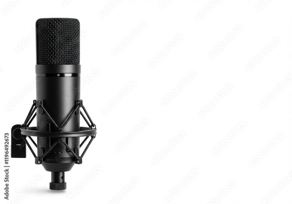 Microphone isolated on white background with horizontal composition and copy space