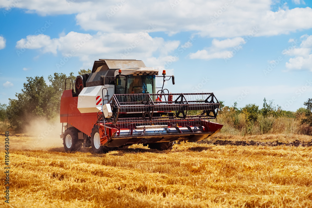 Obraz premium Harvesting machine working in golden fields under blue sky with fluffy clouds