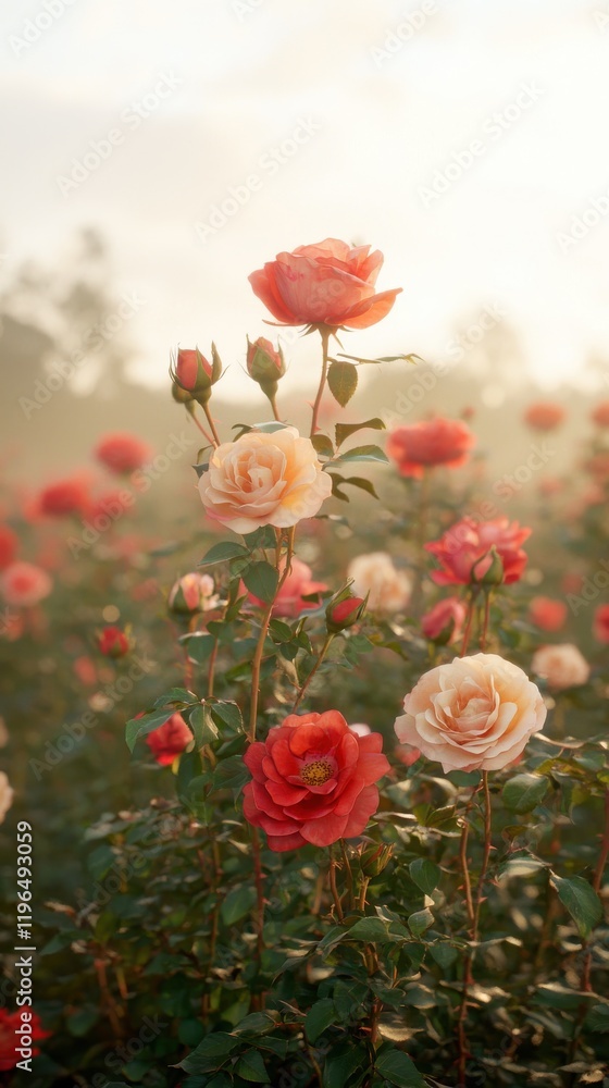 Obraz premium Sunrise over rose fields nature textured floral landscape serene environment soft light viewpoint