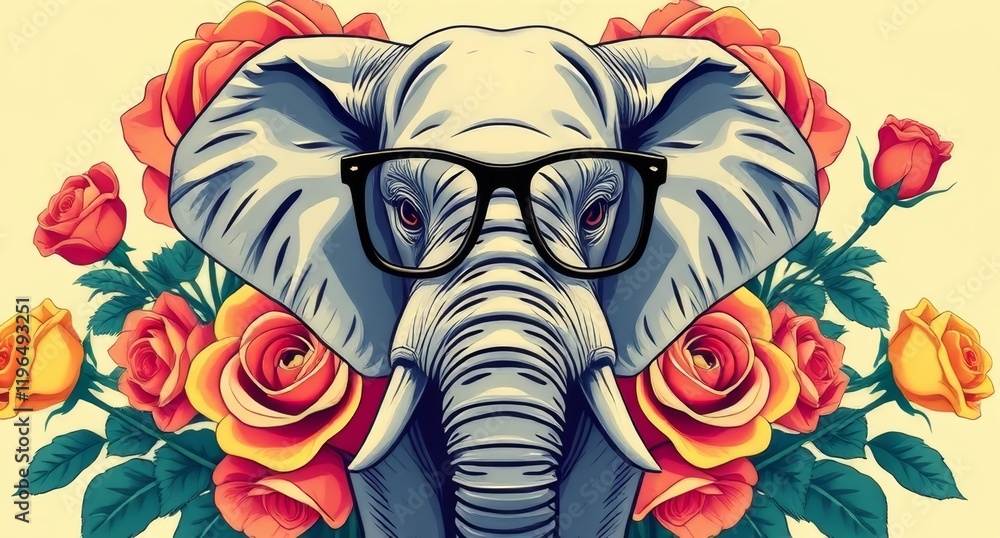 Obraz premium An elegant elephant wearing glasses, adorned with roses, set against a vibrant yellow backdrop.