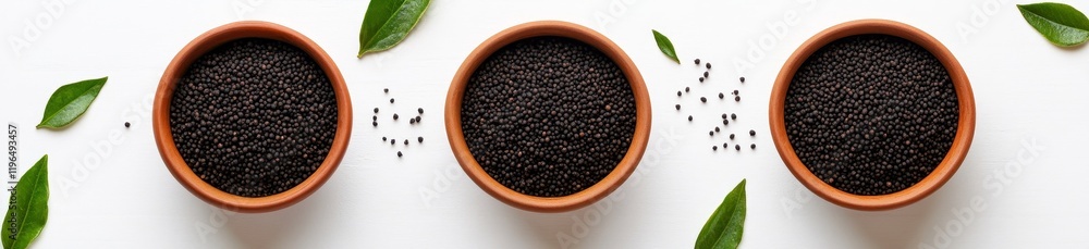 Three bowls of loose leaf black tea with tea leaves and peppercorns on white background. Three bowls of loose leaf black tea with tea leaves and peppercorns on white background.