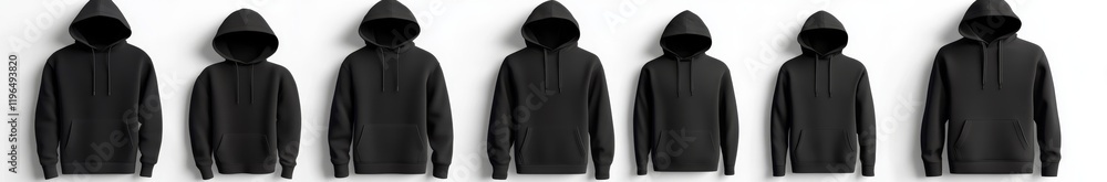 Seven black hoodies in different sizes hanging against a white background. Seven black hoodies in different sizes hanging against a white background.