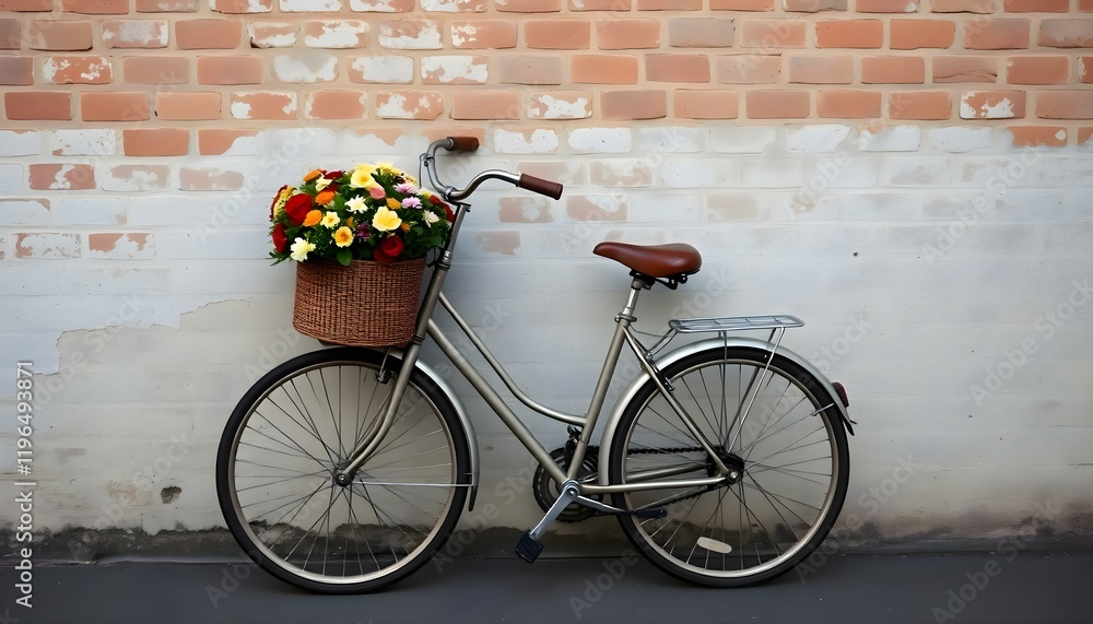 Obraz premium a bicycle with a basket of flowers parked against a brick wall