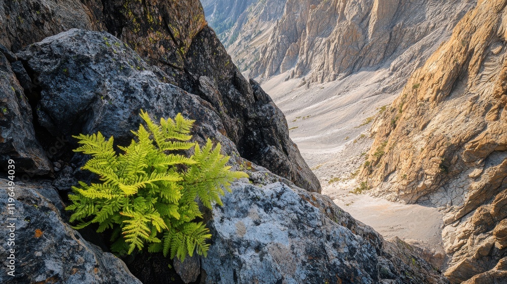 Obraz premium Lush Green Fern Growing on Rocky Mountain Cliffside Dramatic Valley View