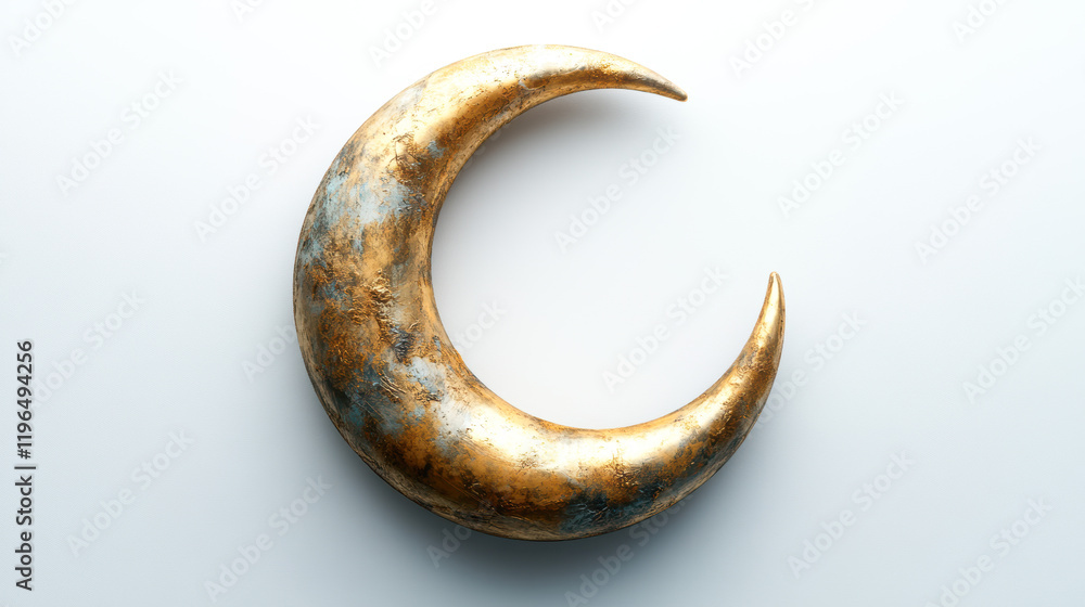 Rustic golden crescent moon on faded textured white background Rustic golden crescent moon on faded textured white background