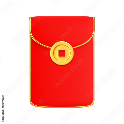 3d Chinese red  money envelope with golden accents. Asian festival element. Chinese New Year concept. Stock vector illustration on isolated background.