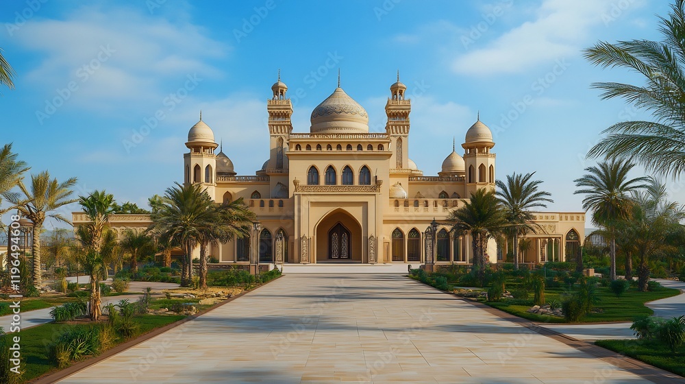 Naklejka premium Magnificent Mosque in the Desert Oasis: Architectural Marvel Under the Sunny Sky