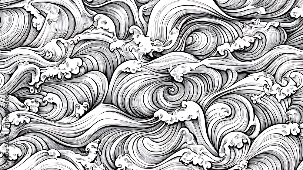 Monochrome wave patterns with intricate details and symmetrical flow, arranged on a seamless white background. Monochrome wave patterns with intricate details and symmetrical flow, arranged on a seamless white background.