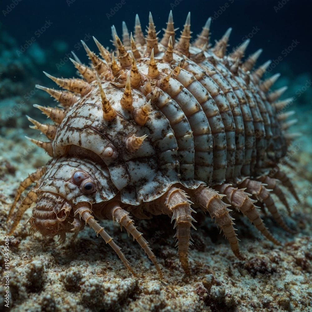 Highlight the spiny armor of a deep-sea isopod. Highlight the spiny armor of a deep-sea isopod.