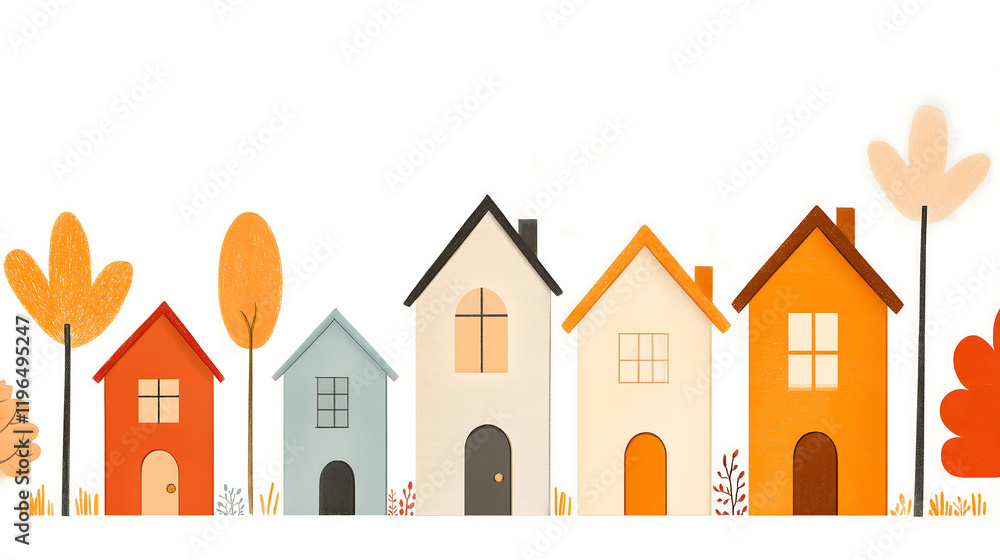 Fototapeta premium An autumn-themed illustration of a cozy cottage with a detailed roof, windows, and door, symbolizes a residential property for sale in an urban area.