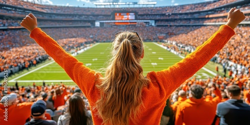 Cheering fan in sunny stadium. Crowd and sports in celebration with excitement at a football arena. Fan excitement, sports passion, team victory vibes. Unity and joy, outdoor event energy, autumn