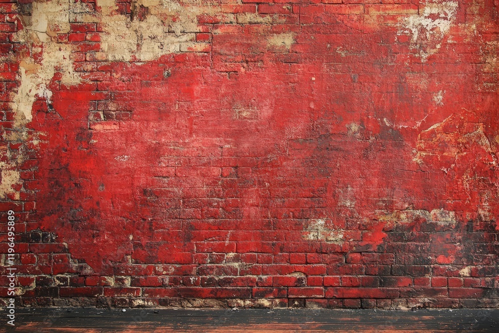 Fototapeta premium Red brick wall with peeling paint and wood base.