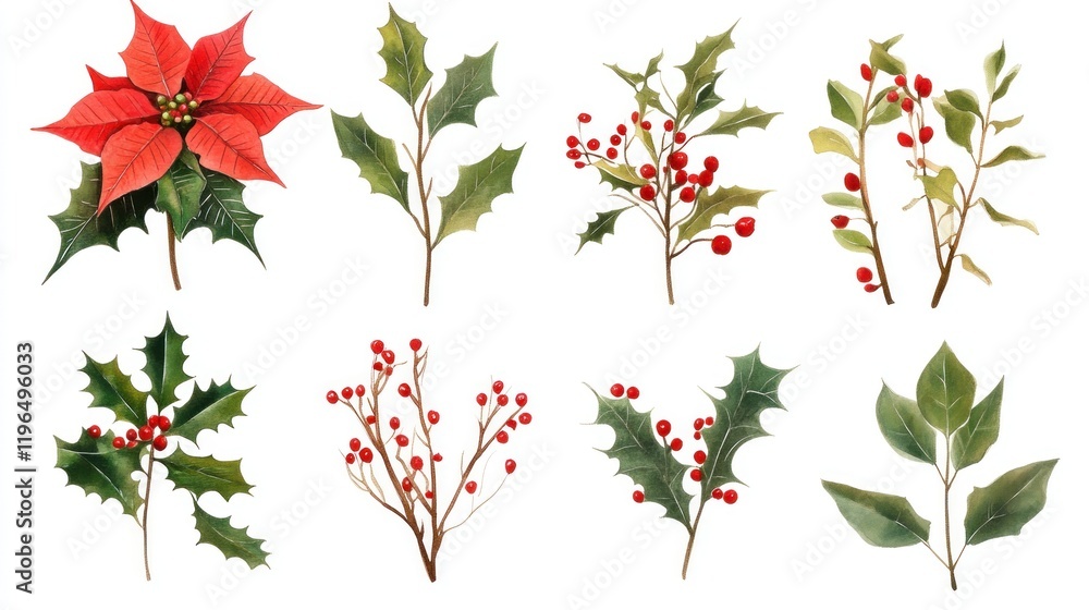 Fototapeta premium Watercolor Christmas floral collection; poinsettia, holly, berries, leaves, branches, winter, festive, design elements.