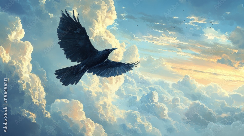Obraz premium Majestic Black Raven Soaring Through Dramatic Cloudscape at Sunset