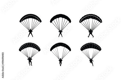 "Set of Ski Parachute Gliding Silhouette Vector Illustration | Paragliding Parachute Silhouettes"

