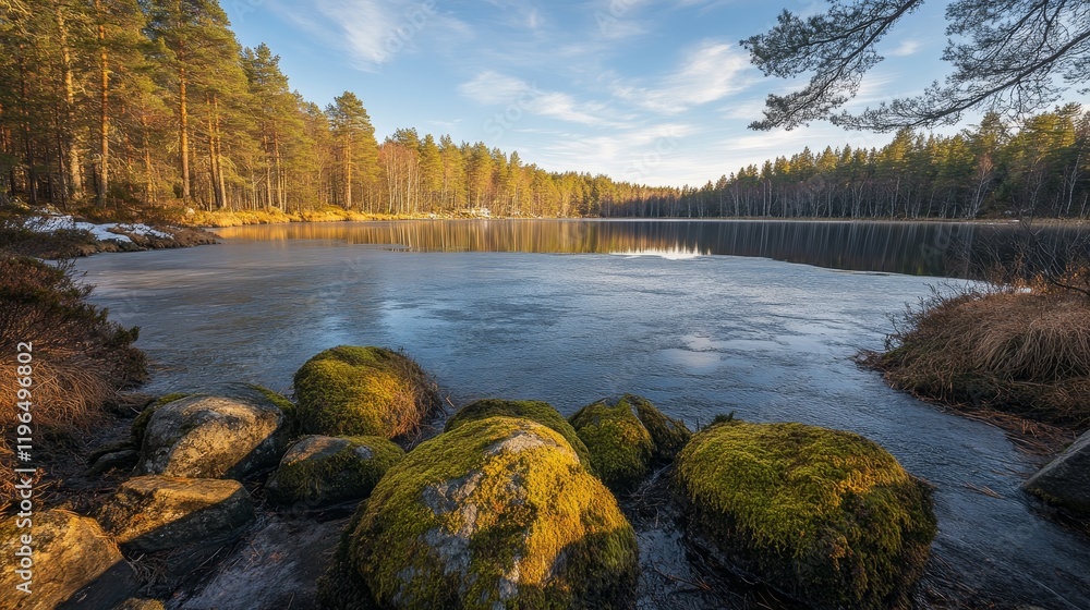 Obraz premium Tranquil winter lake scene forested area nature photography frosty landscape daytime perspective serenity in nature