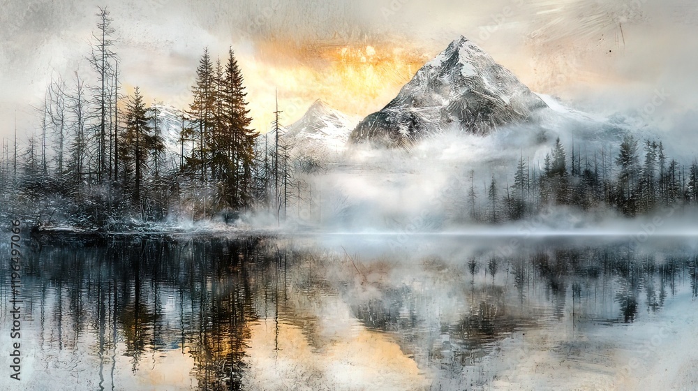 Fototapeta premium Misty mountain lake reflecting sunrise, snow-covered trees, and peaks.