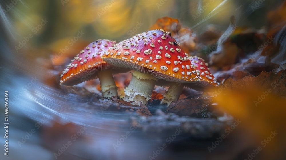 Two vibrant red toadstools with white spots emerge from fallen autumn leaves near a blurred stream.