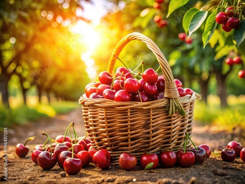 Vintage Cherry Harvest: Sun-Drenched Summer Cherries in Wicker Basket