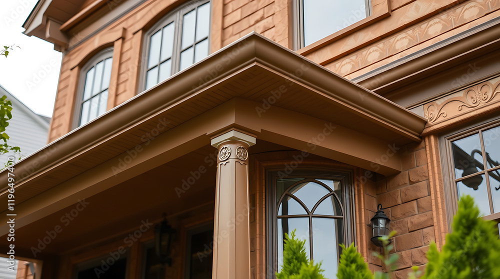 Elegant Brick House Exterior with Classic Porch Design. High-quality real estate photography showcasing stunning home architecture and exterior details.