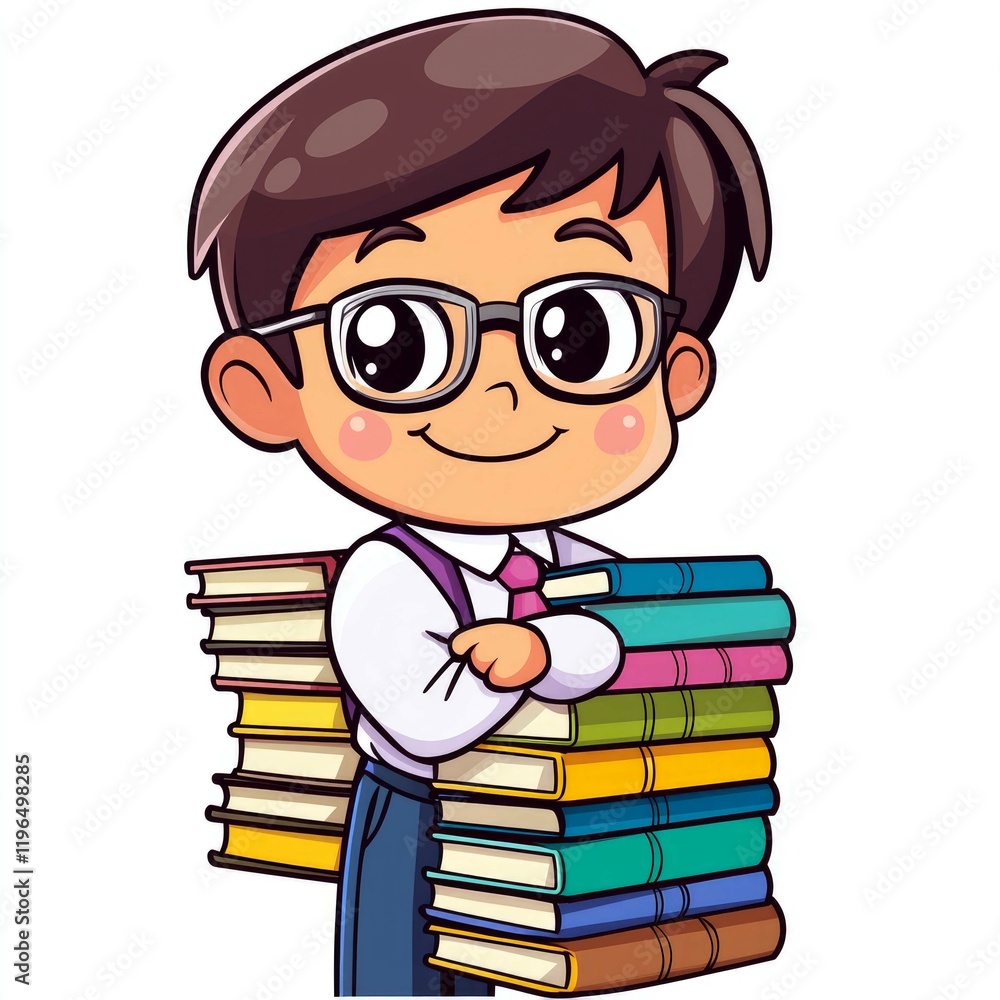 Adorable Cartoon Boy with Stack of Books: Education, Knowledge, and Learning Concept Adorable Cartoon Boy with Stack of Books: Education, Knowledge, and Learning Concept