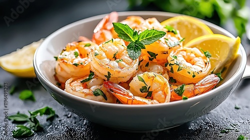 Serving fresh shrimp on ice with lemon garnish seafood restaurant culinary delight chilled presentation gourmet dish experience photo