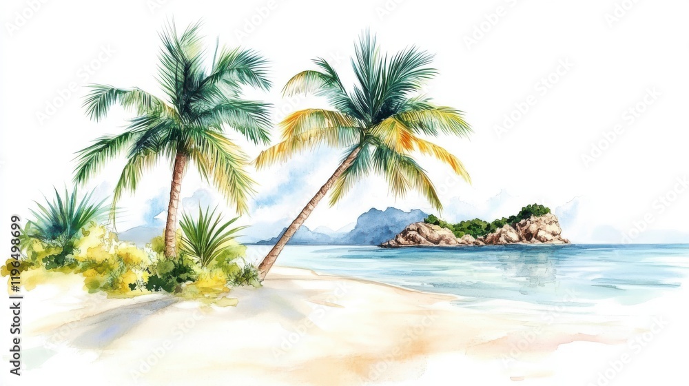 Fototapeta premium Watercolor palm tree, island, beach, sand isolated on white background. Hand painting on paper.