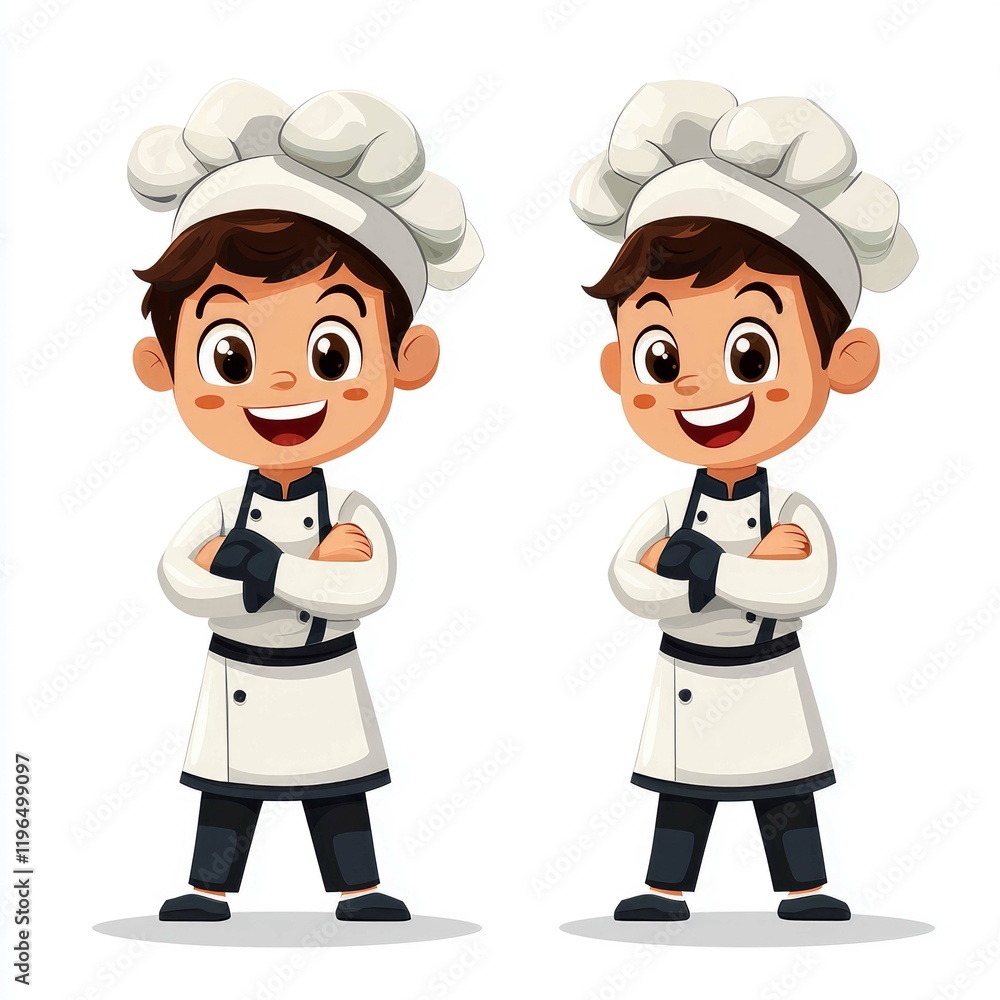 Adorable Cartoon Chefs: Two Smiling Boy Chefs in Uniform, Ready to Cook up a Culinary Storm! Adorable Cartoon Chefs: Two Smiling Boy Chefs in Uniform, Ready to Cook up a Culinary Storm!