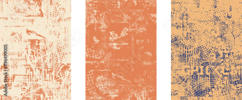 Set of posters with glitch distorted grunge texture. Poster collection texture with halftone dots, glitched shapes, textures and lines .Screen print vector poster pack with grunge textured surface