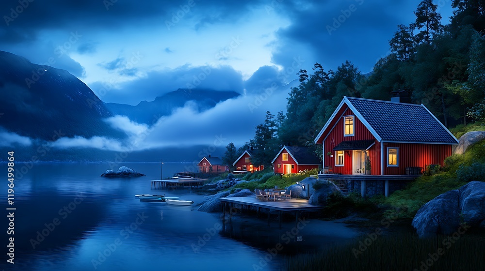 Fototapeta premium Scenic red cabins by a lake at twilight.