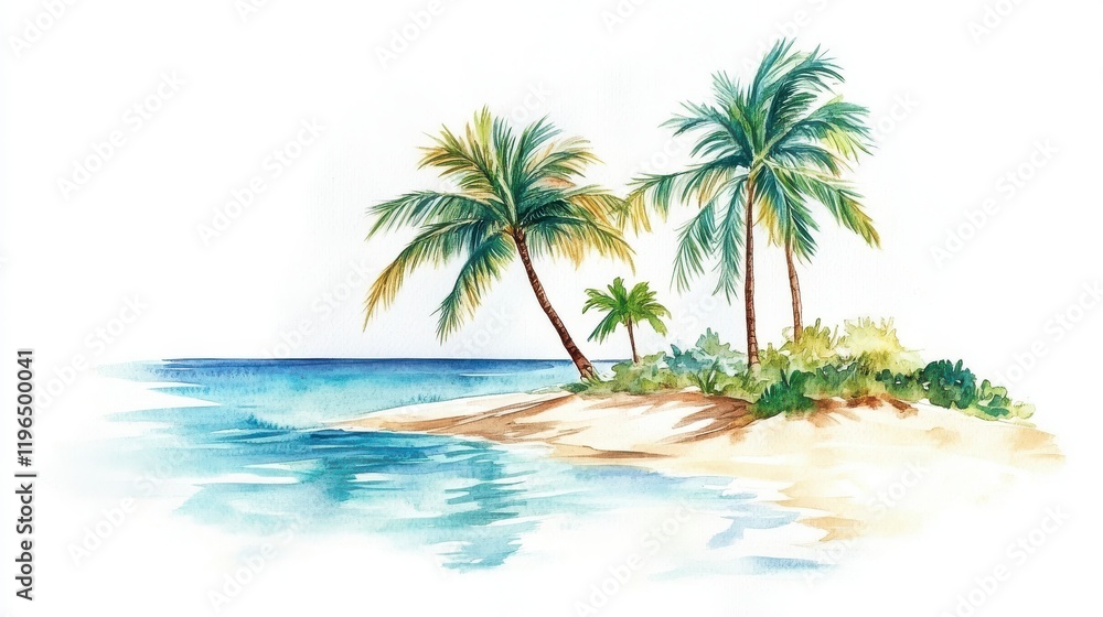 Fototapeta premium Watercolor palm tree, island, beach, sand isolated on white background. Hand painting on paper. 