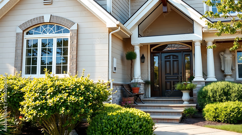 Luxury House Exterior: Elegant Home Design with Landscaping and Columns.  Beautiful front entrance and garden. Perfect dream home in a quiet neighborhood.