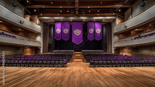 Auditorium stage, banners, empty seats, graduation ceremony, venue rental