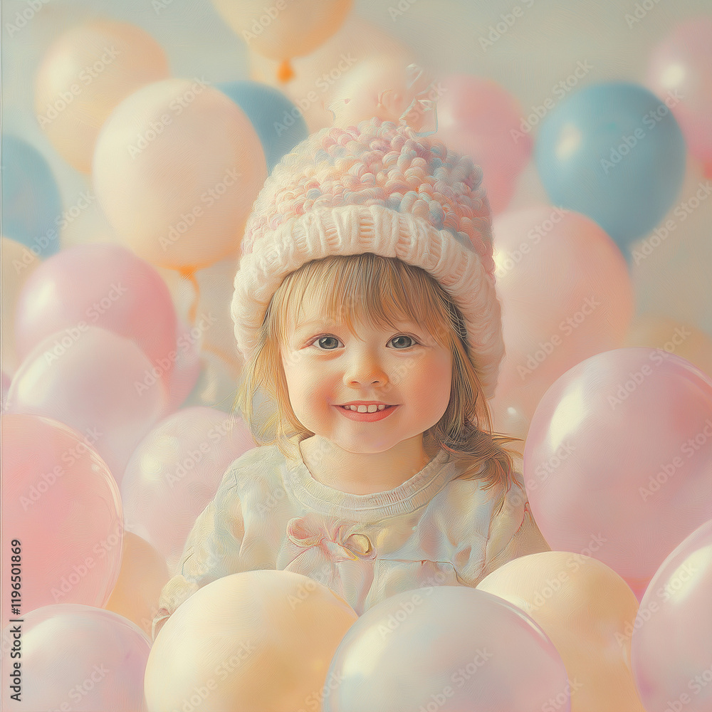 Obraz premium Fröhliches Mädchen mit Mütze, umgeben von bunten Luftballons