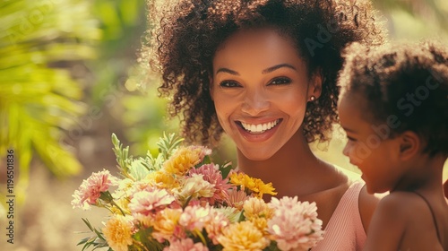 Fototapeta Naklejka Na Ścianę i Meble -  A mother receiving a bouquet of flowers from her children on Mother's Day, smiling with joy.