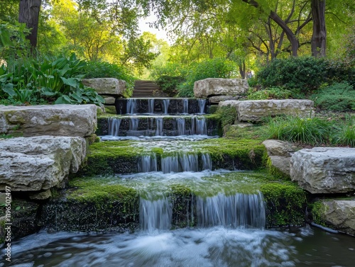 Tranquil waterfall cascading over mossy rocks serene park nature scene lush greenery peaceful atmosphere natural beauty