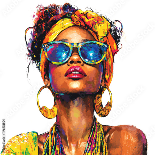 A beautiful Black woman with vibrant hair, wearing colorful sunglasses and earrings, against a transparent background