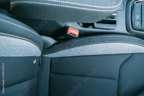 Close up of modern car interior showcasing comfortable seats and safety features photo