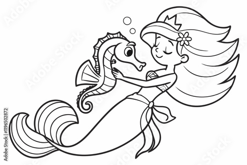 Mermaid hugs seahorse . Coloring page. Coloring book. Drawing of Mermaid hugs seahorse  isolated on a white background. Vector outline