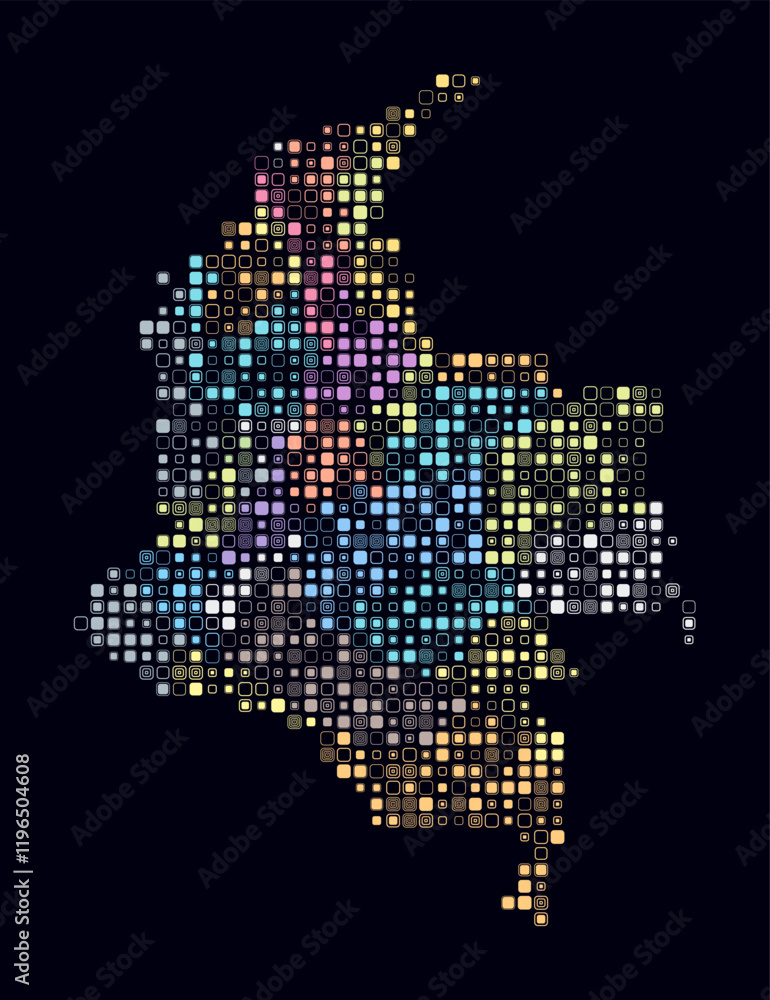 Colombia, shape of the country built of colored cells. Digital style map of Colombia on dark background. Small size rounded square blocks. Trending vector illustration. Colombia, shape of the country built of colored cells. Digital style map of Colombia on dark background. Small size rounded square blocks. Trending vector illustration.