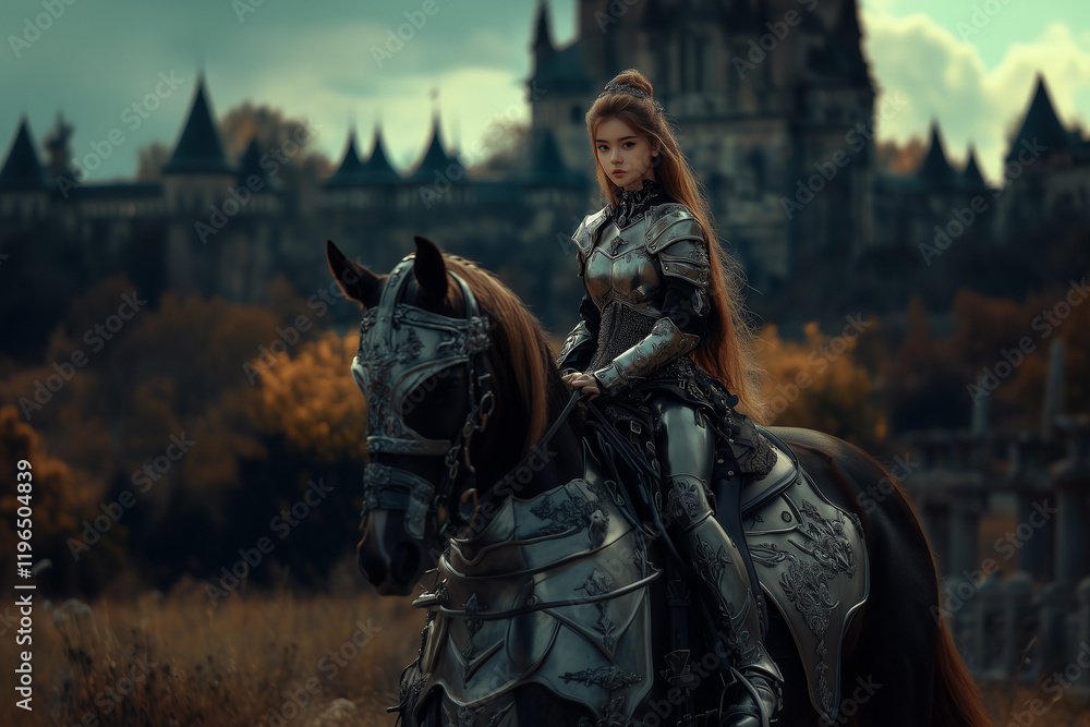 Fototapeta premium Beautiful medieval girl in the armor on a horse in front of an ancient castle background.