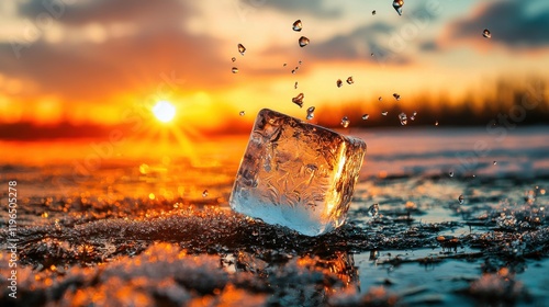 Timelapse of ice cube melting under standard conditions outdoor environment nature scene aesthetic viewpoint visual concept for stunning effects photo